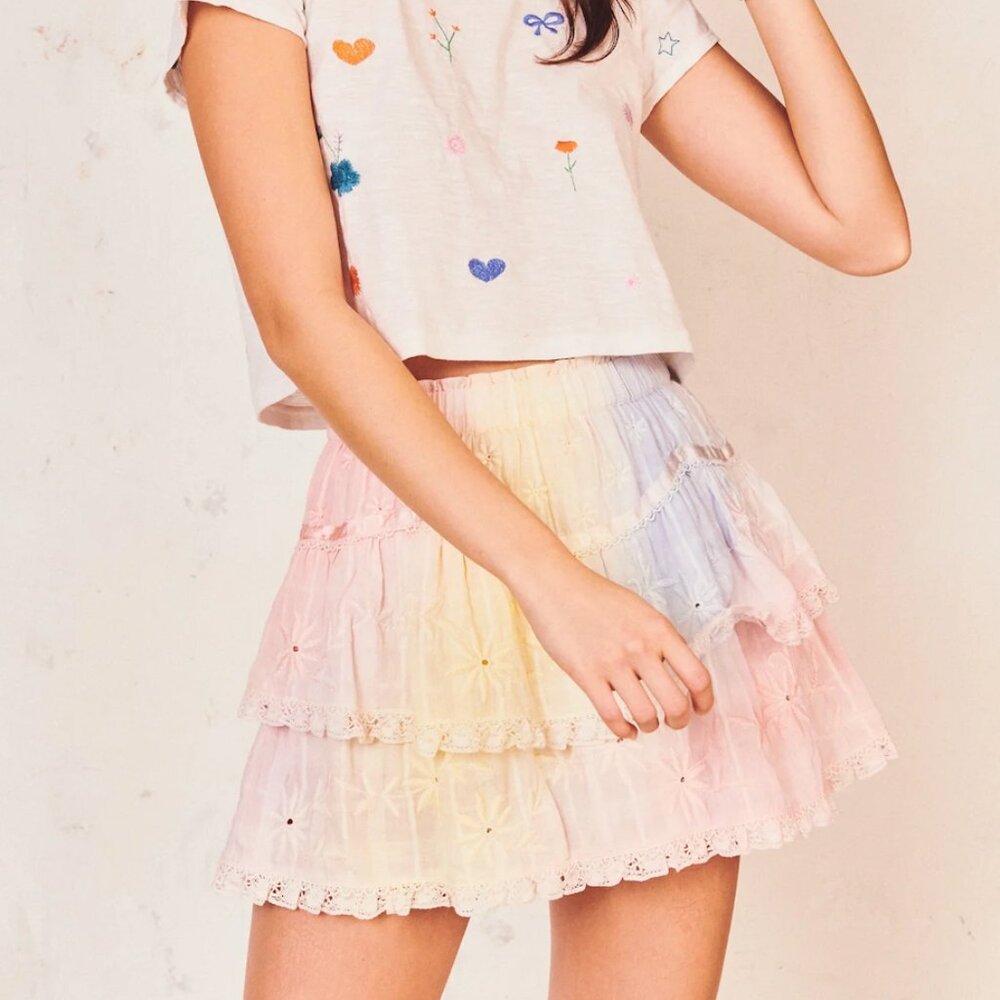 Love Shack Fancy Tully Tie Dye Lace Ruffle Mini Skirt Size P (Petite Small)
